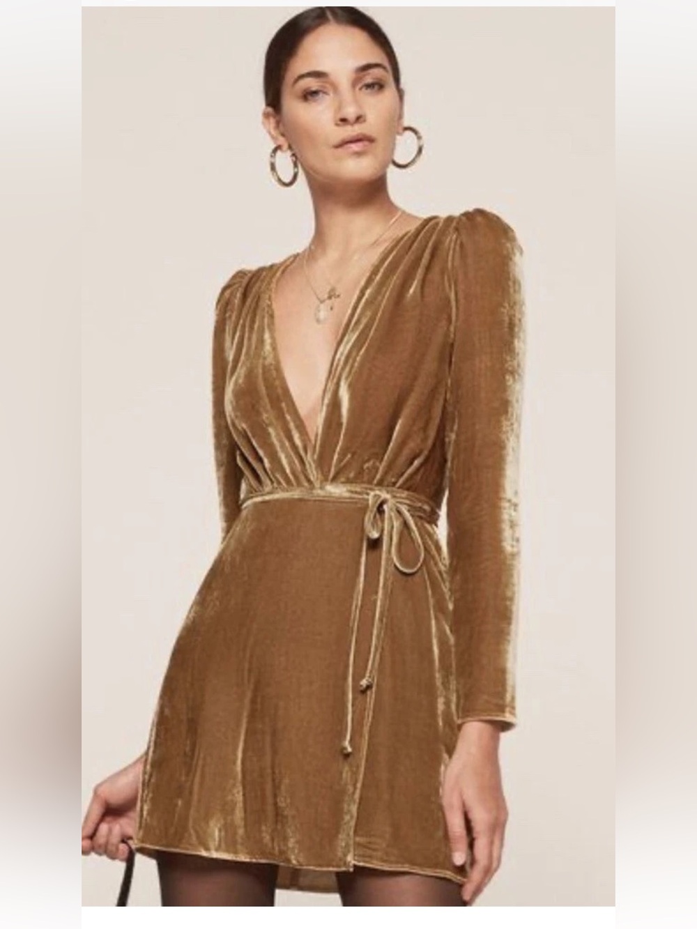 Reformation Chrissy Long Sleeve Velvet Wrap Dress in Caramel